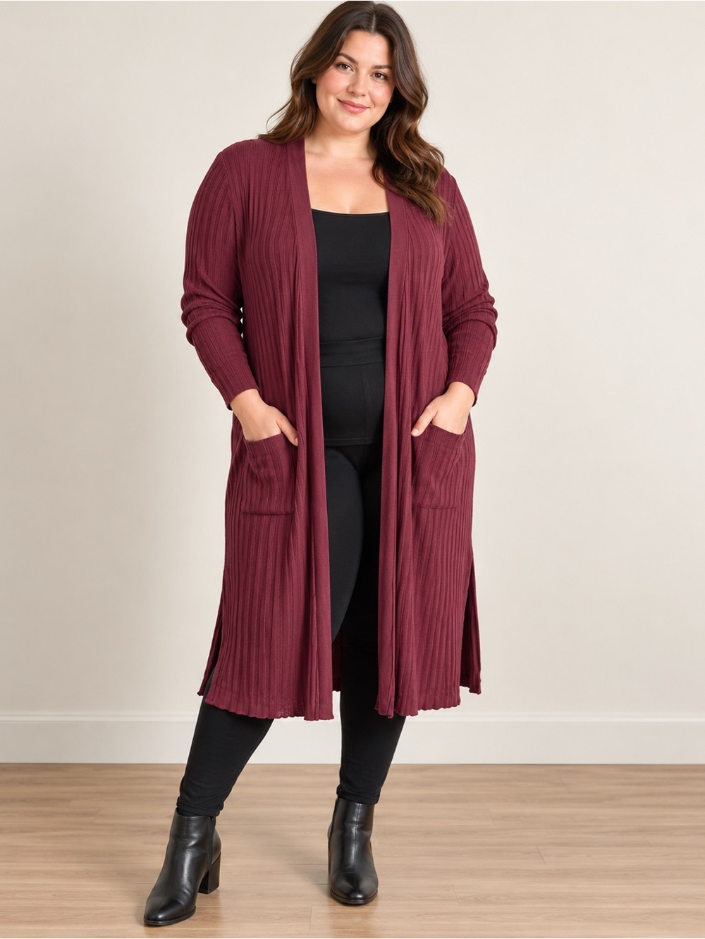 Reitmans Long Open-Front Ribbed Cardigan - Burgundy Size XXL Fall Office